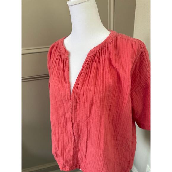 Xirena Gauze V-neck Short Sleeve Cotton Gauze Top Dark Pink Size XS - Picture 2 of 5